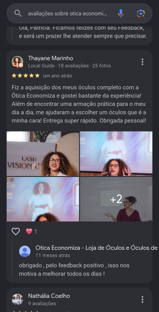 Print de avaliação 5 estrelas no Google: cliente satisfeita com a experiência