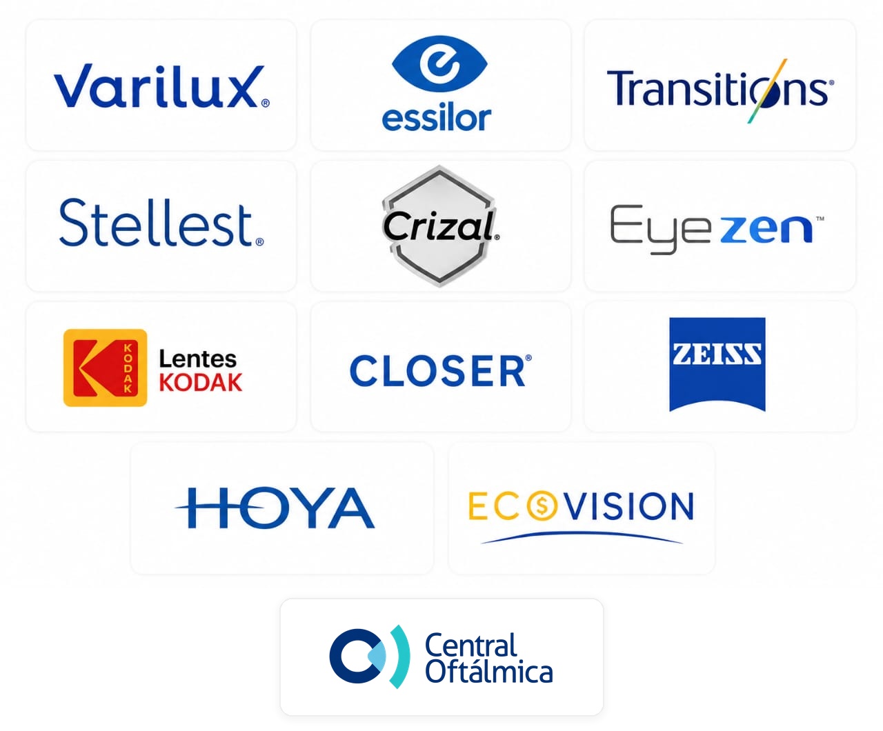 Marcas parceiras: Varilux, Essilor, Transitions, Stellest, Crizal, Eyezen, Kodak, Closer, Zeiss, Hoya, Eco Vision e Central Oftálmica